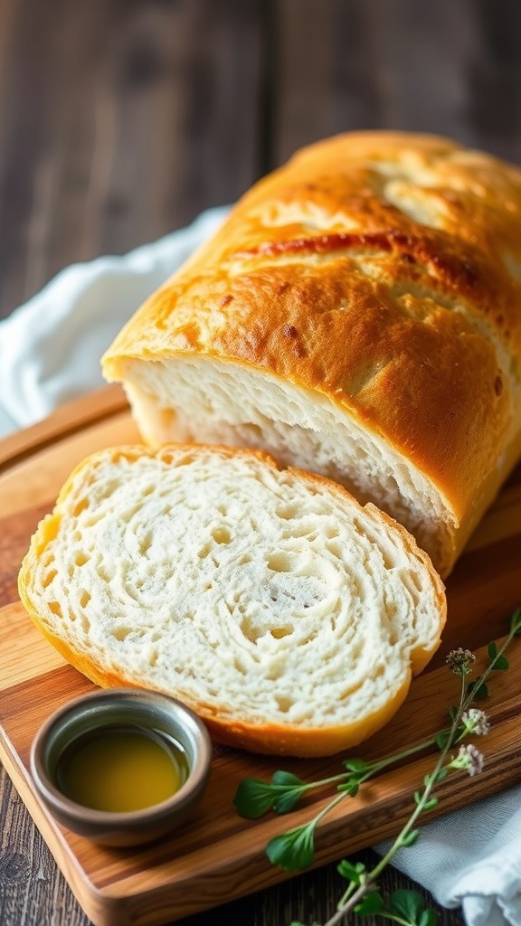 Gluten-Free Bread Recipe Without Xanthan Gum Freshly baked gluten-free bread loaf on a cutting board, sliced to show fluffy texture.
